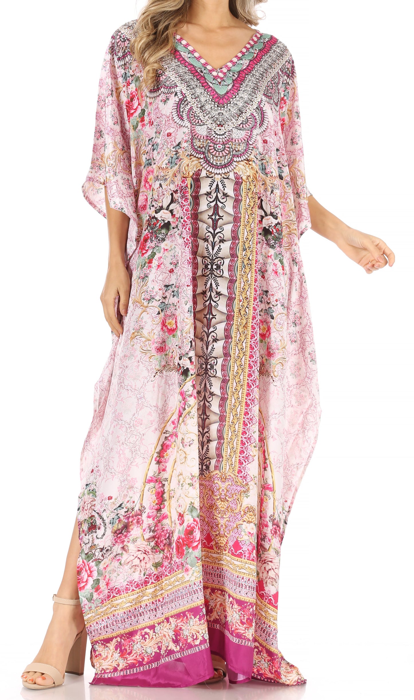 Sakkas Anahi Flowy Design V Neck Long Caftan Dress / Cover Up With Rhinestone
