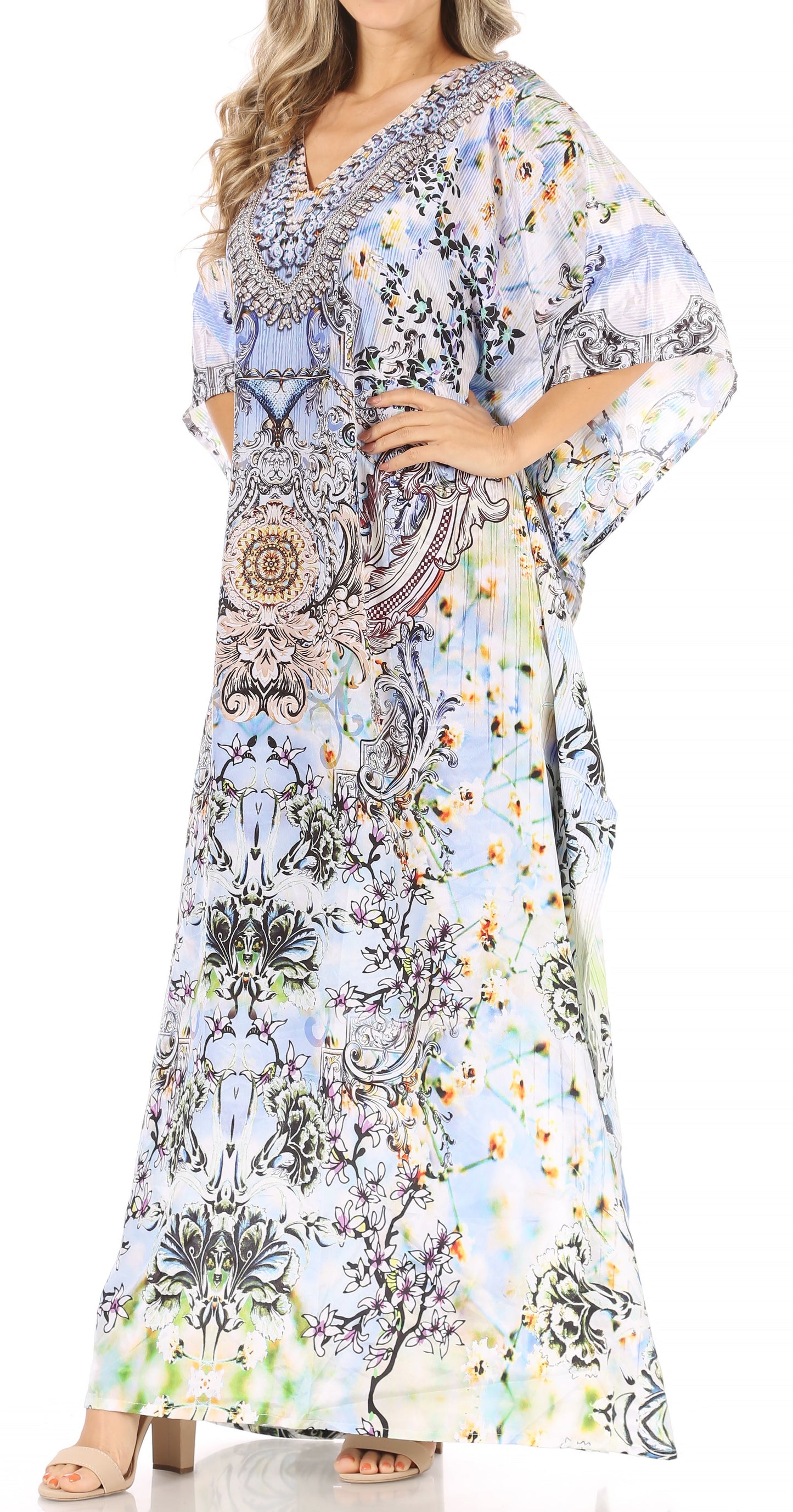 Sakkas Anahi Flowy Design V Neck Long Caftan Dress / Cover Up With Rhinestone
