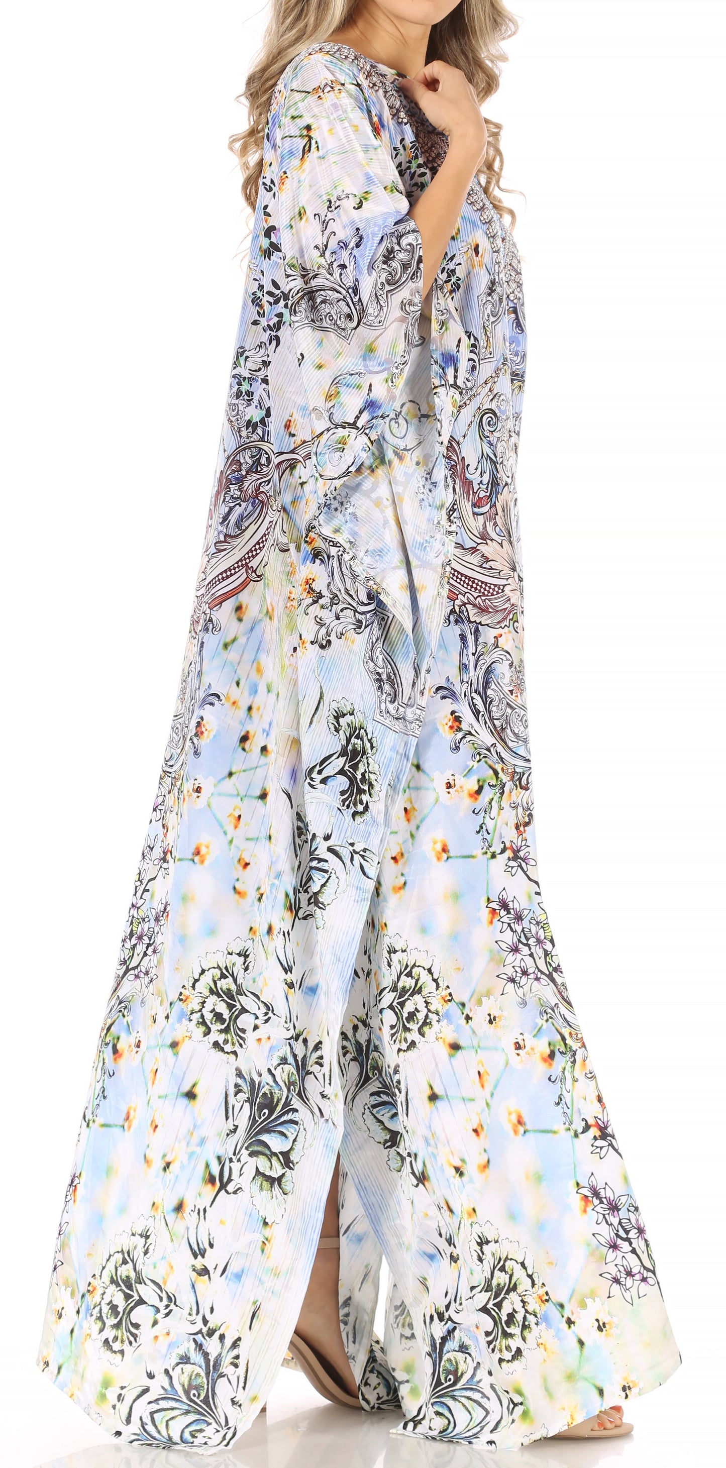 Sakkas Anahi Flowy Design V Neck Long Caftan Dress / Cover Up With Rhinestone