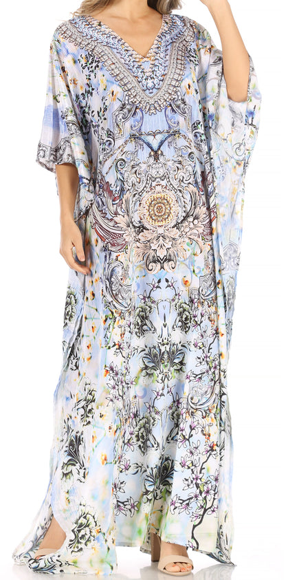 Sakkas Anahi Flowy Design V Neck Long Caftan Dress / Cover Up With Rhinestone