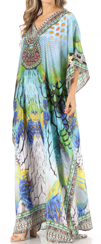Sakkas Anahi Flowy Design V Neck Long Caftan Dress / Cover Up With Rhinestone