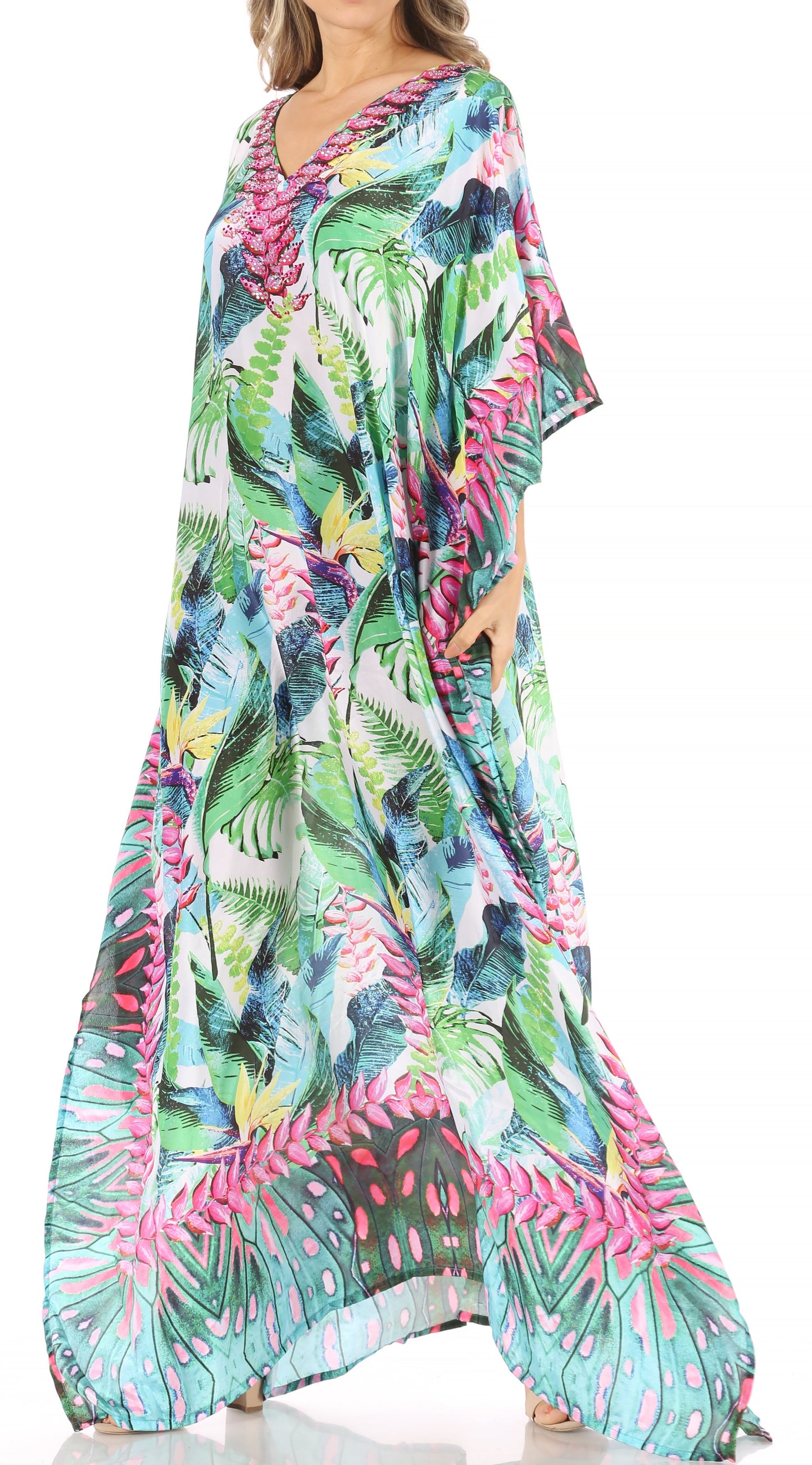 Sakkas Anahi Flowy Design V Neck Long Caftan Dress / Cover Up With Rhinestone