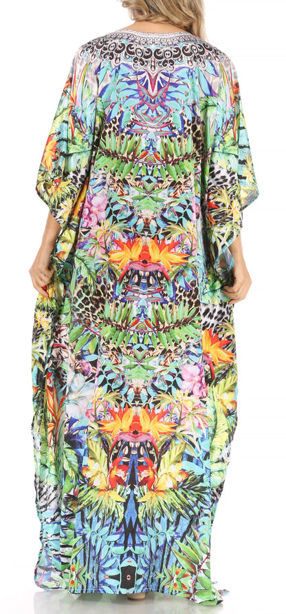 Sakkas Anahi Flowy Design V Neck Long Caftan Dress / Cover Up With Rhinestone