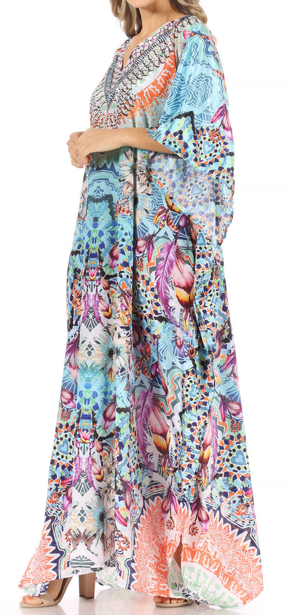 Sakkas Anahi Flowy Design V Neck Long Caftan Dress / Cover Up With Rhinestone