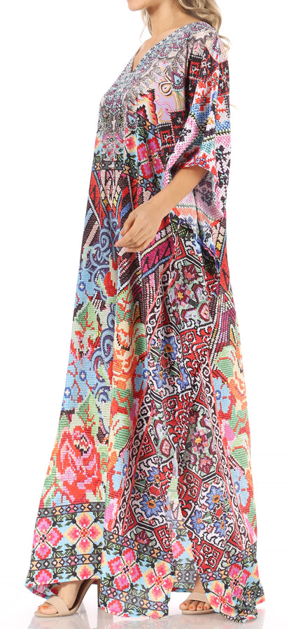 Sakkas Anahi Flowy Design V Neck Long Caftan Dress / Cover Up With Rhinestone