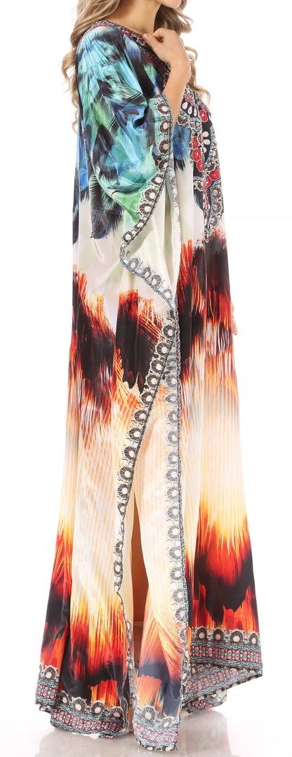 Sakkas Anahi Flowy Design V Neck Long Caftan Dress / Cover Up With Rhinestone
