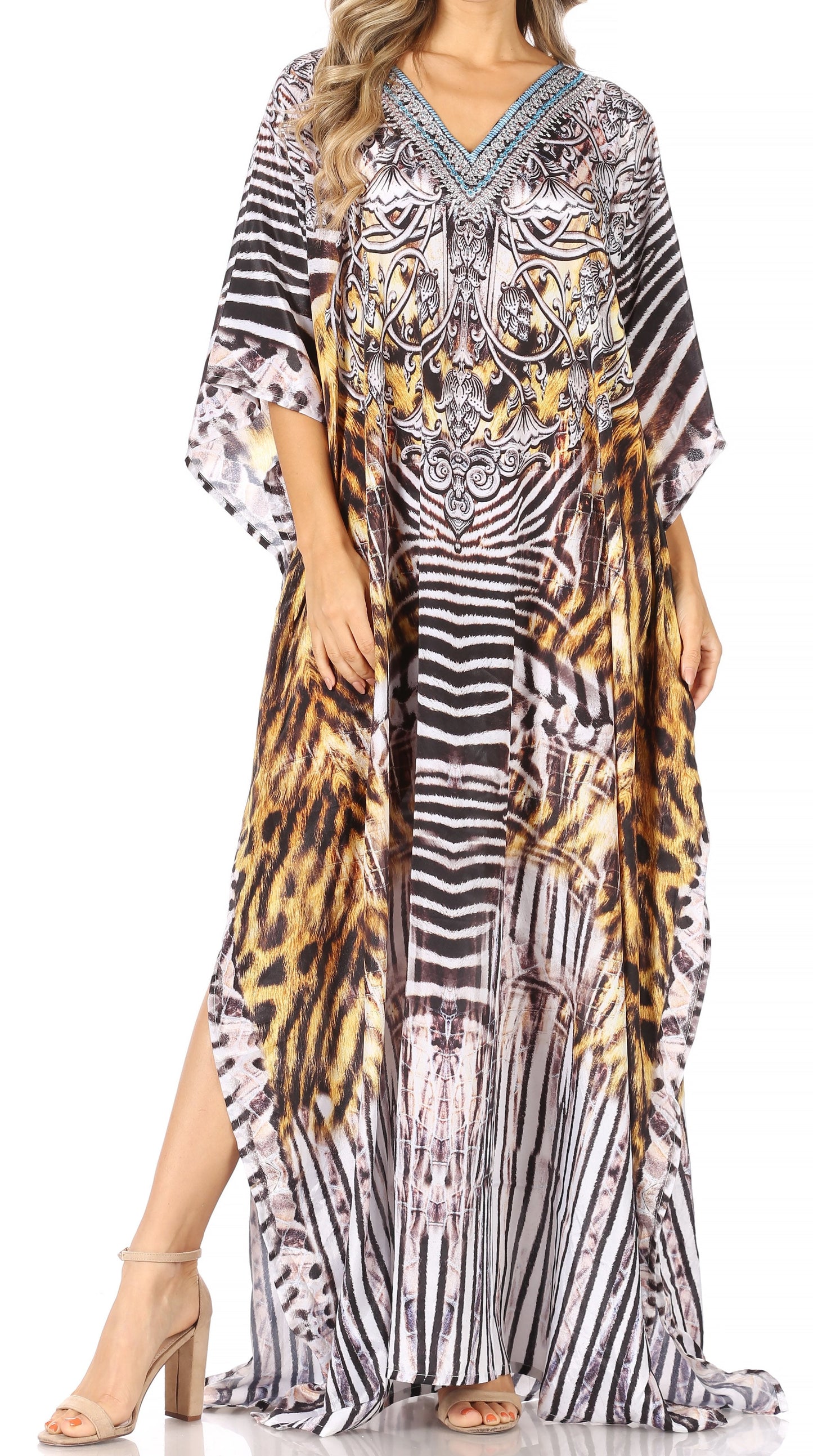Sakkas Anahi Flowy Design V Neck Long Caftan Dress / Cover Up With Rhinestone