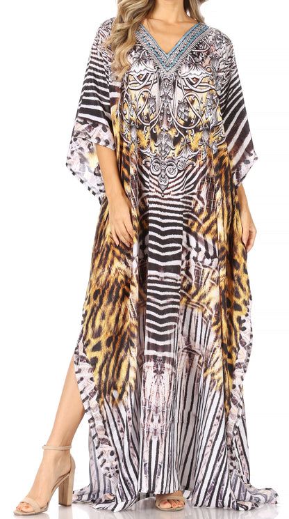 Sakkas Anahi Flowy Design V Neck Long Caftan Dress / Cover Up With Rhinestone