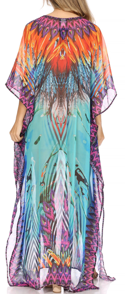 Sakkas Wilder Printed Design Long Sheer Rhinestone Caftan Dress / Cover Up