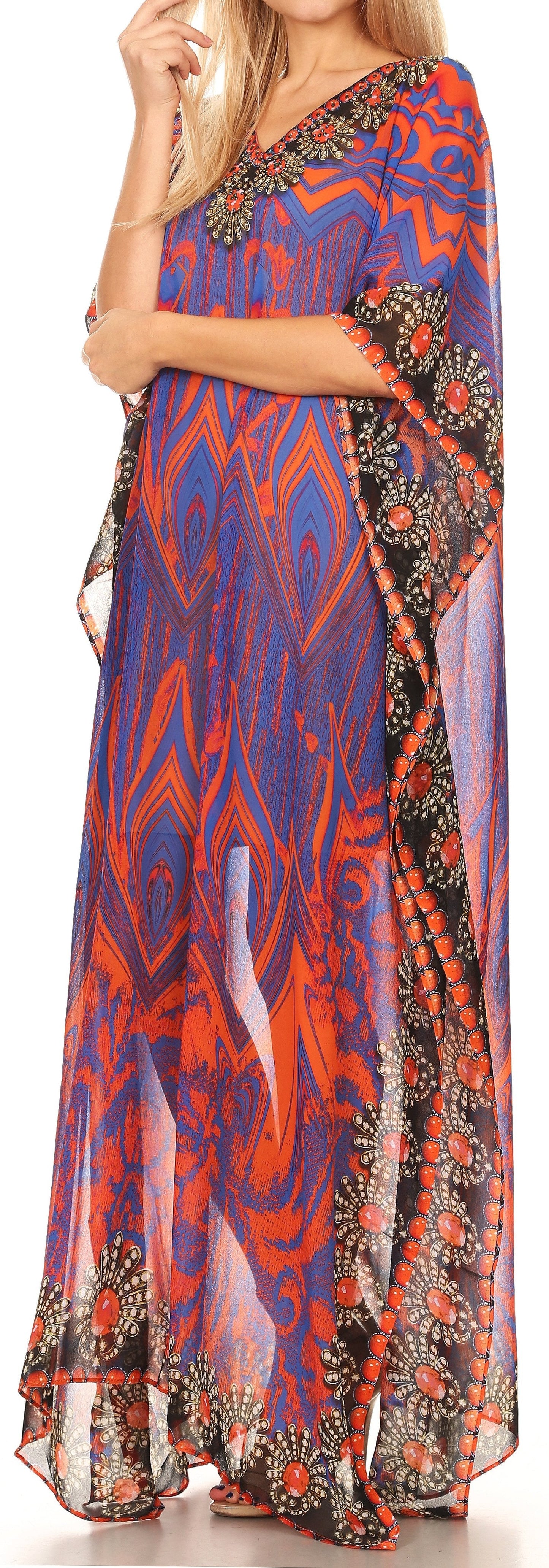 Sakkas Wilder Printed Design Long Sheer Rhinestone Caftan Dress / Cover Up