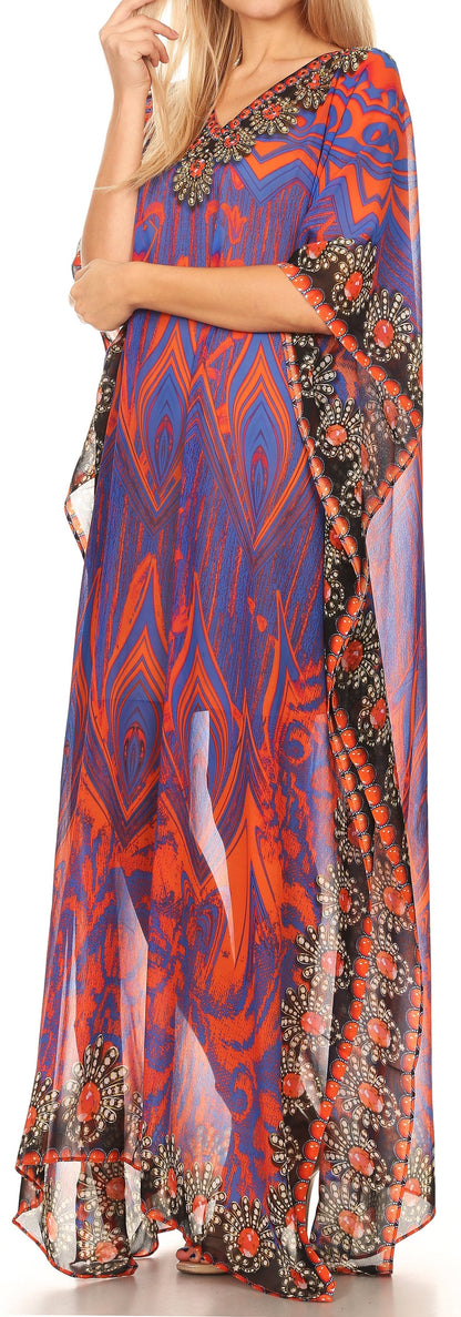 Sakkas Wilder Printed Design Long Sheer Rhinestone Caftan Dress / Cover Up