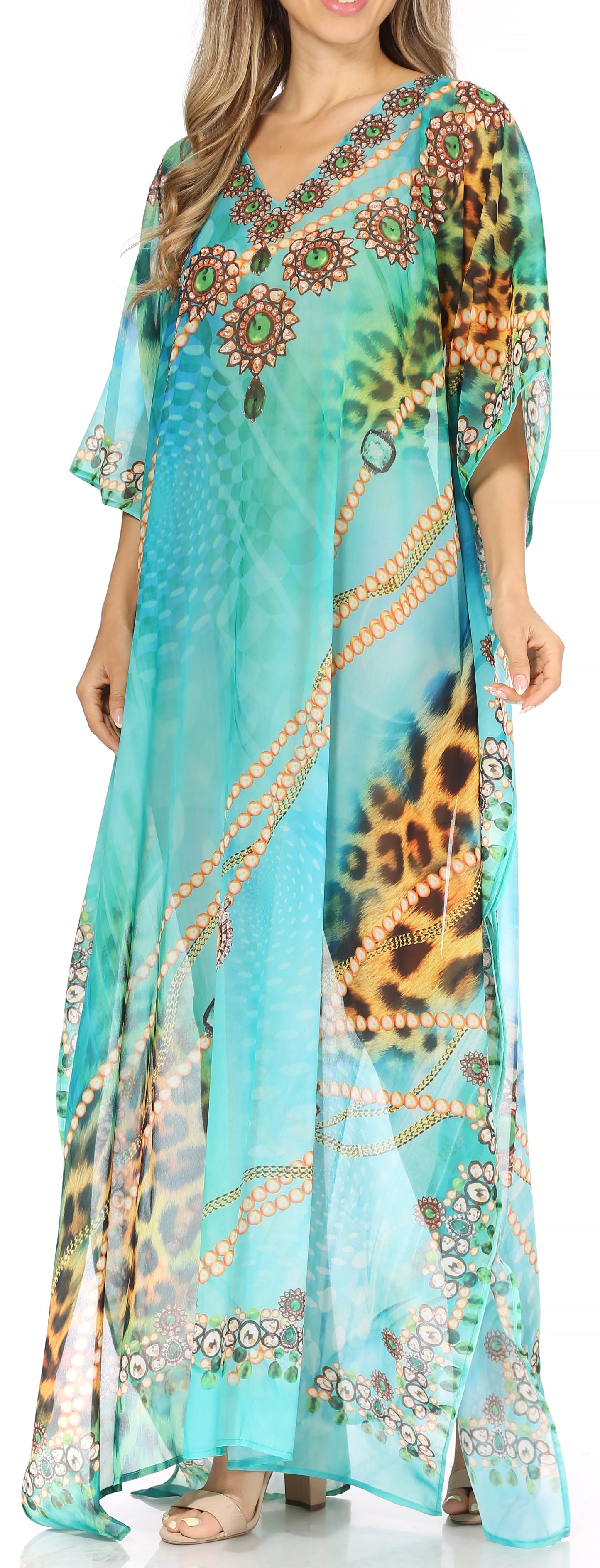 Sakkas Wilder Printed Design Long Sheer Rhinestone Caftan Dress / Cover Up