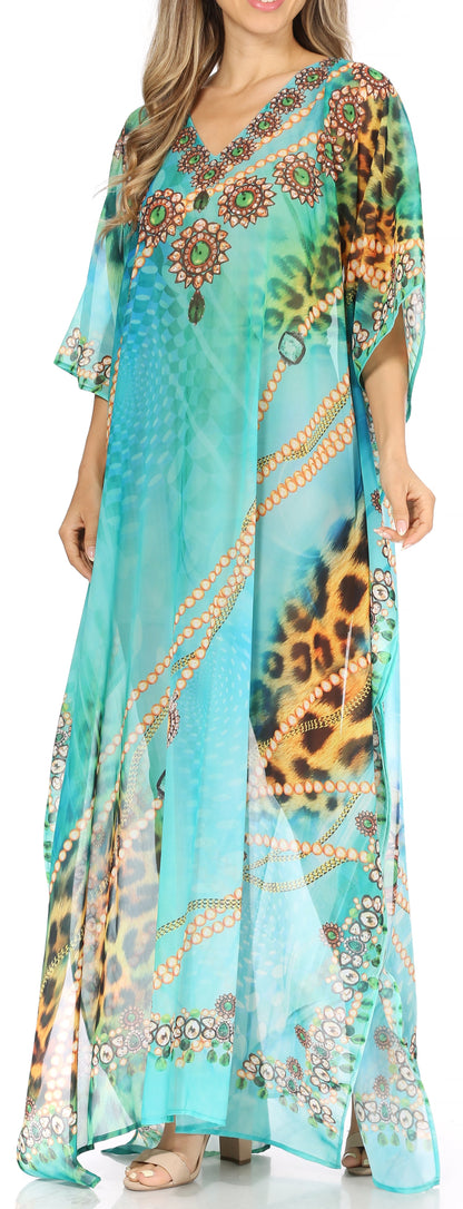 Sakkas Wilder Printed Design Long Sheer Rhinestone Caftan Dress / Cover Up