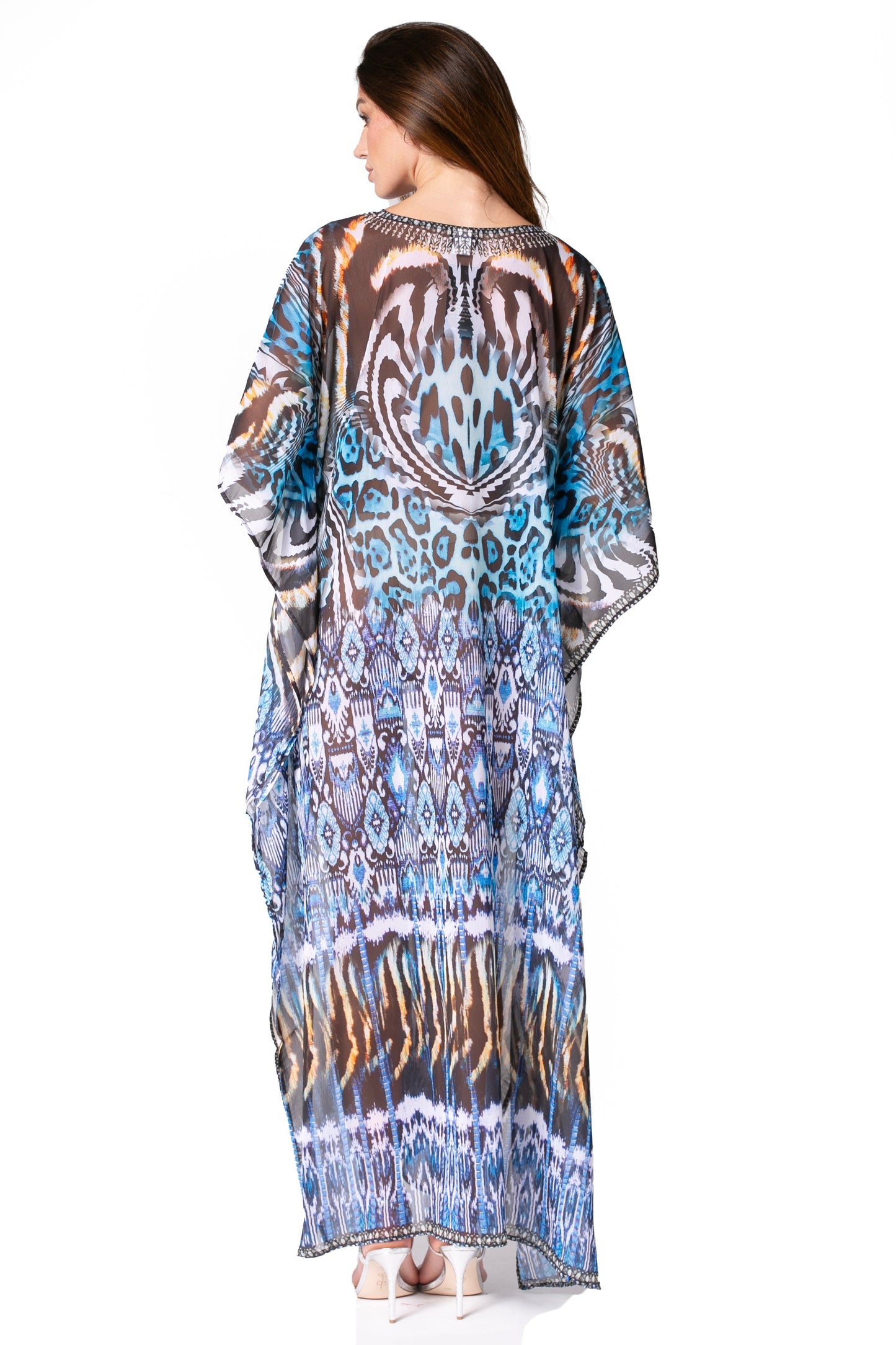 Sakkas Wilder Printed Design Long Sheer Rhinestone Caftan Dress / Cover Up
