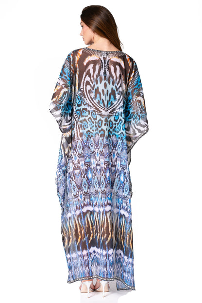 Sakkas Wilder Printed Design Long Sheer Rhinestone Caftan Dress / Cover Up