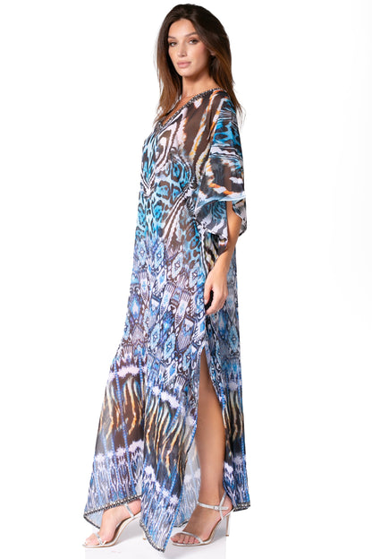 Sakkas Wilder Printed Design Long Sheer Rhinestone Caftan Dress / Cover Up