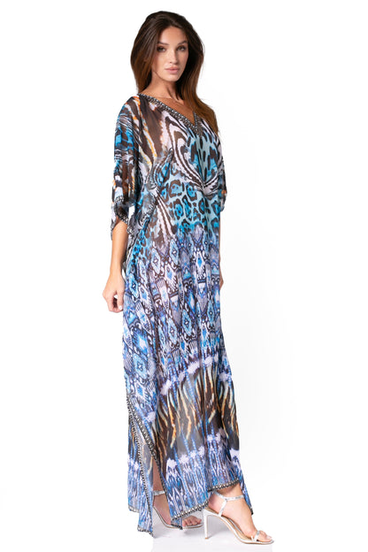 Sakkas Wilder Printed Design Long Sheer Rhinestone Caftan Dress / Cover Up