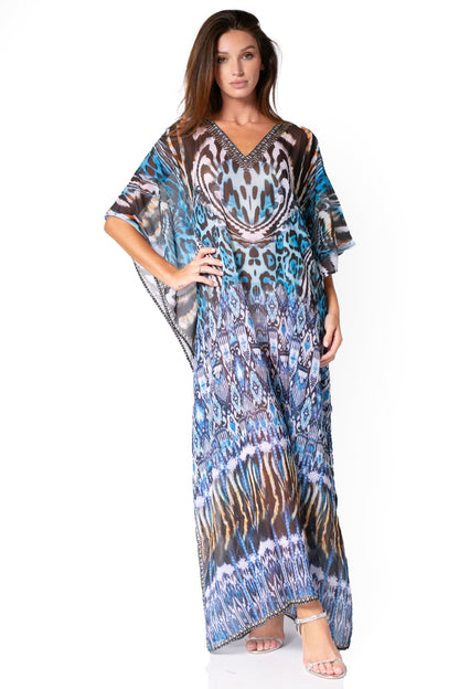 Sakkas Wilder Printed Design Long Sheer Rhinestone Caftan Dress / Cover Up