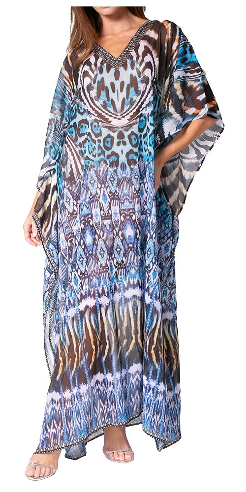 Sakkas Wilder Printed Design Long Sheer Rhinestone Caftan Dress / Cover Up
