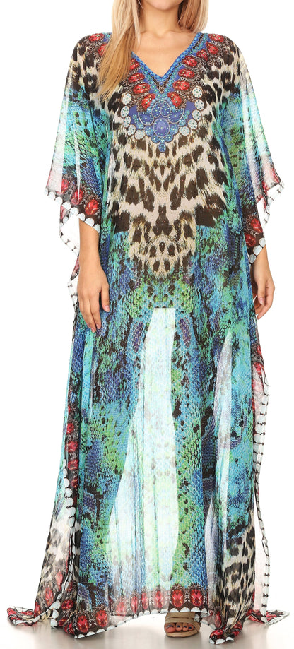 Sakkas Wilder Printed Design Long Sheer Rhinestone Caftan Dress / Cover Up