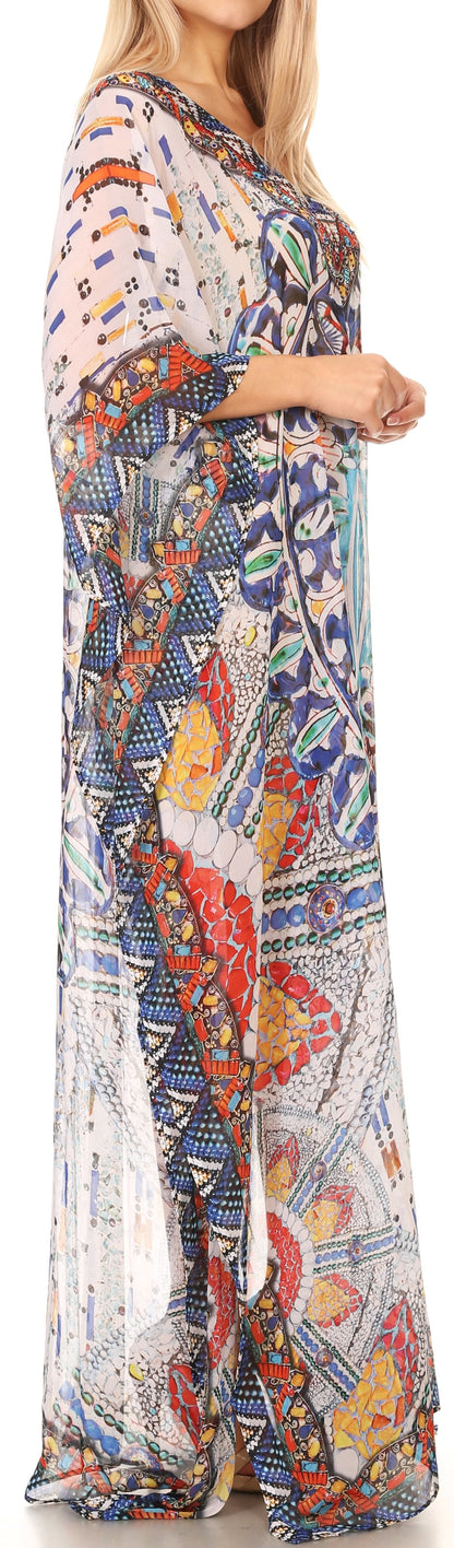 Sakkas Wilder Printed Design Long Sheer Rhinestone Caftan Dress / Cover Up