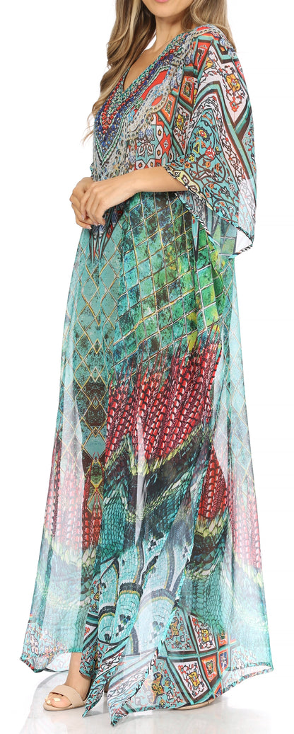 Sakkas Wilder Printed Design Long Sheer Rhinestone Caftan Dress / Cover Up