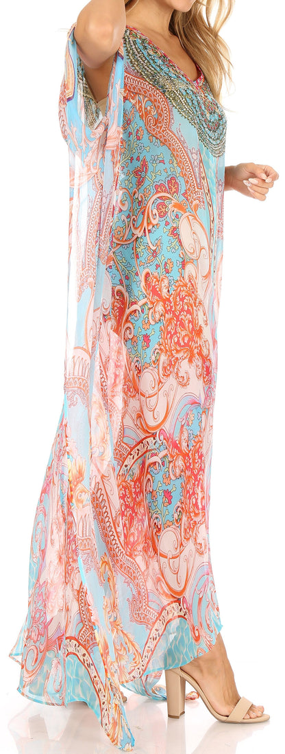 Sakkas Wilder Printed Design Long Sheer Rhinestone Caftan Dress / Cover Up