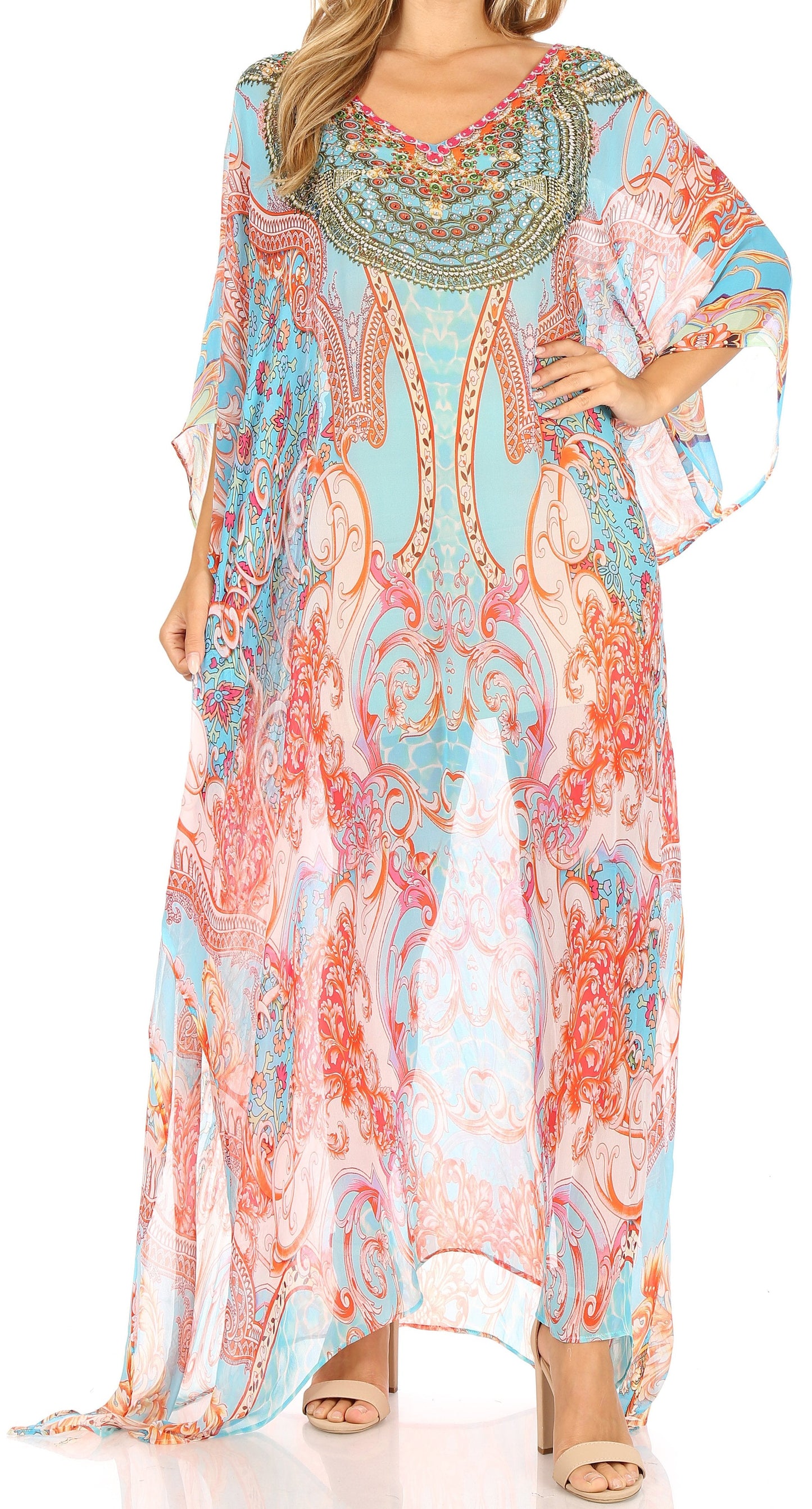 Sakkas Wilder Printed Design Long Sheer Rhinestone Caftan Dress / Cover Up