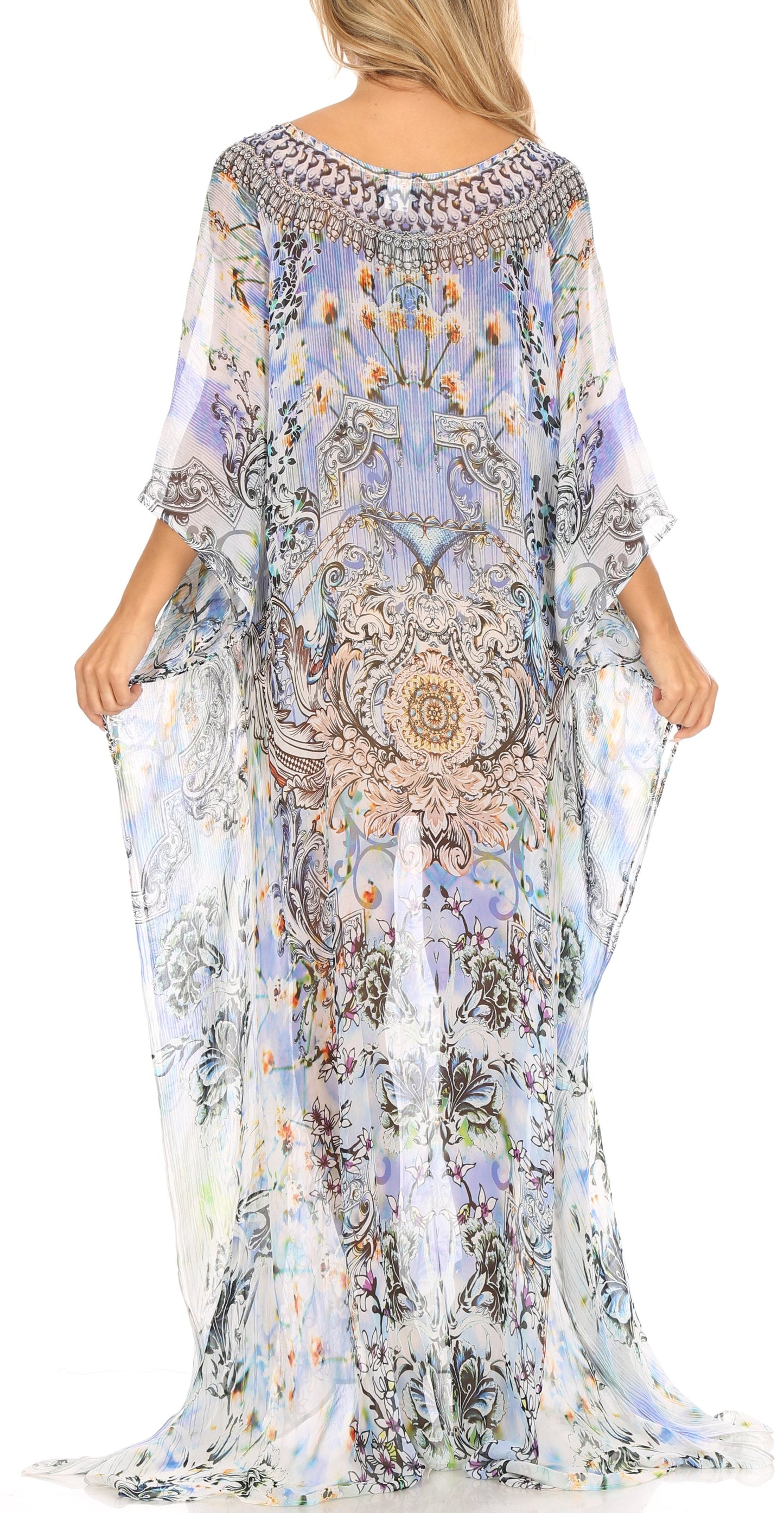 Sakkas Wilder Printed Design Long Sheer Rhinestone Caftan Dress / Cover Up