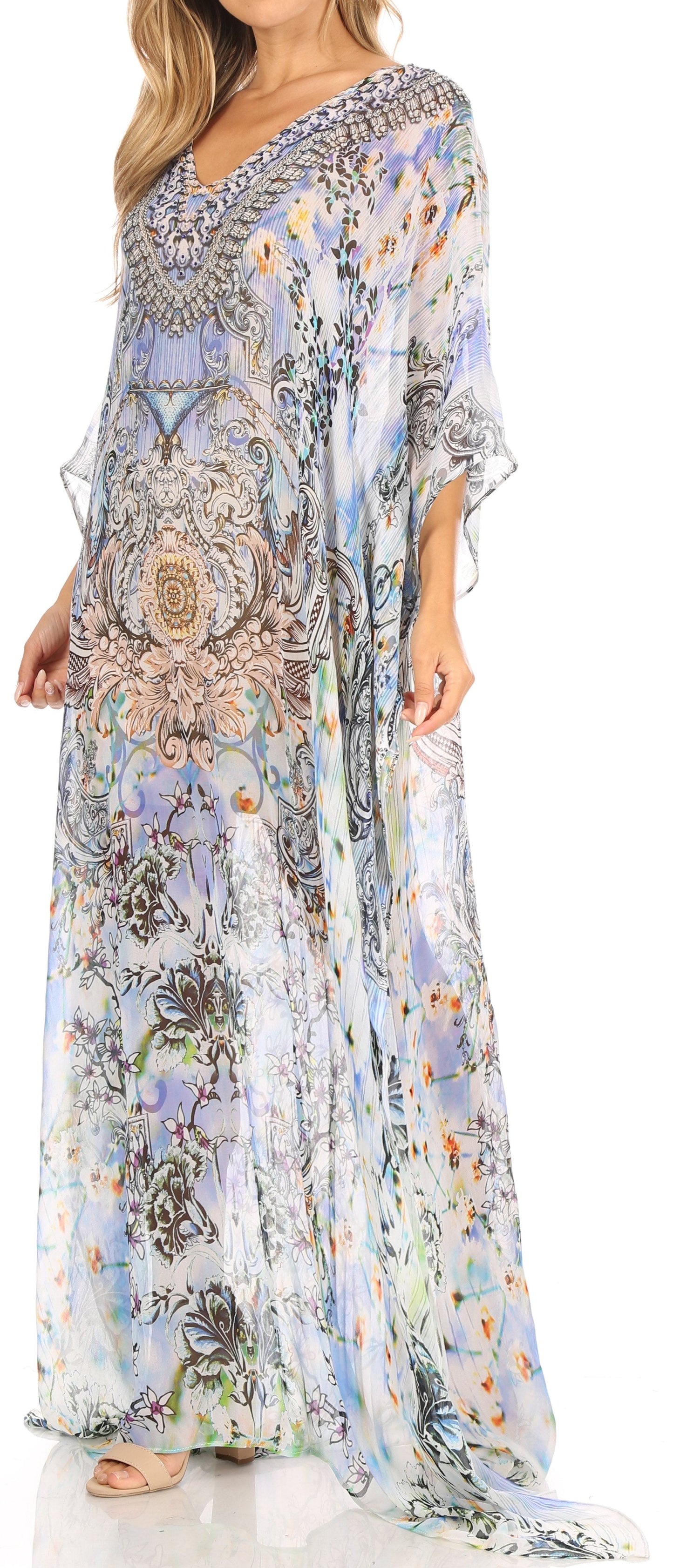 Sakkas Wilder Printed Design Long Sheer Rhinestone Caftan Dress / Cover Up