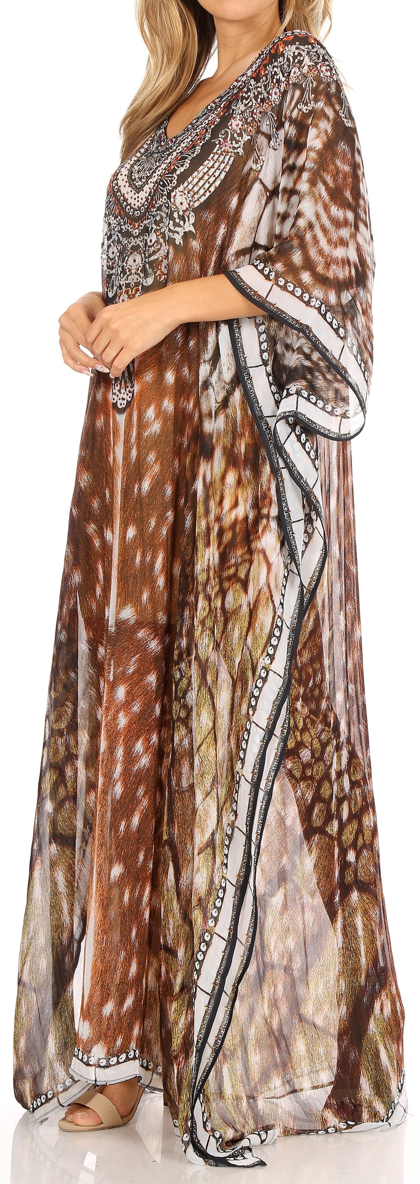 Sakkas Wilder Printed Design Long Sheer Rhinestone Caftan Dress / Cover Up