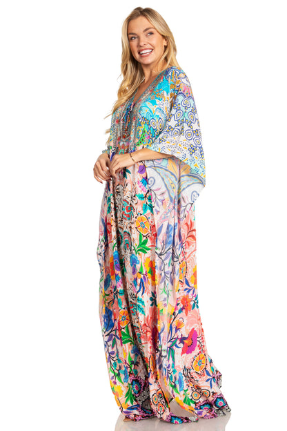 Sakkas Georgettina 2025 Flowy Rhinestone V Neck Long Caftan Dress / Cover Up