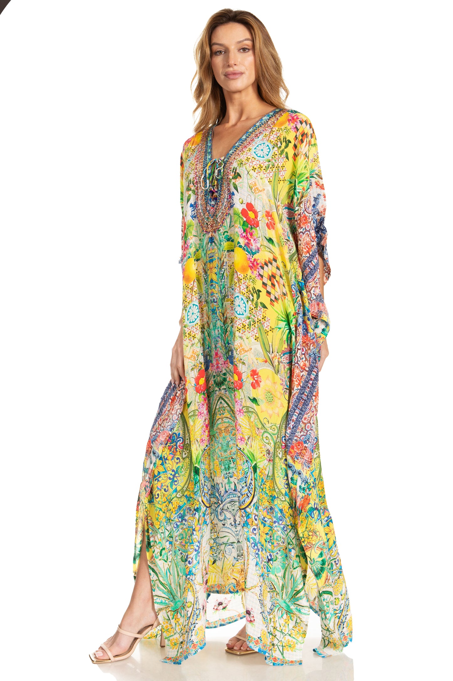 Sakkas Georgettina 2025 Flowy Rhinestone V Neck Long Caftan Dress / Cover Up