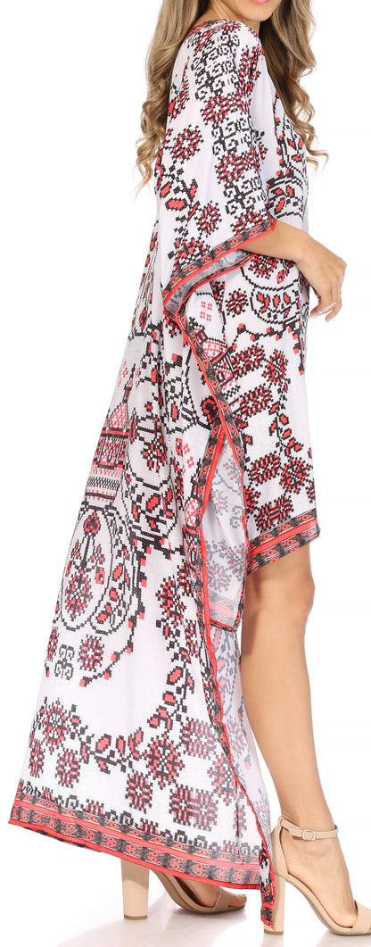 Sakkas Laisson Flowy Hi Low Caftan Rhinestone Boxy V Neck Dress Top Cover / Up