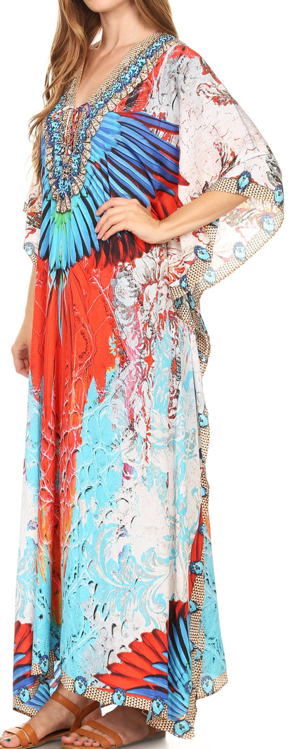 Sakkas Milanna Women's V neck Short Sleeve Vibrant Print Caftan Dress Cover-up