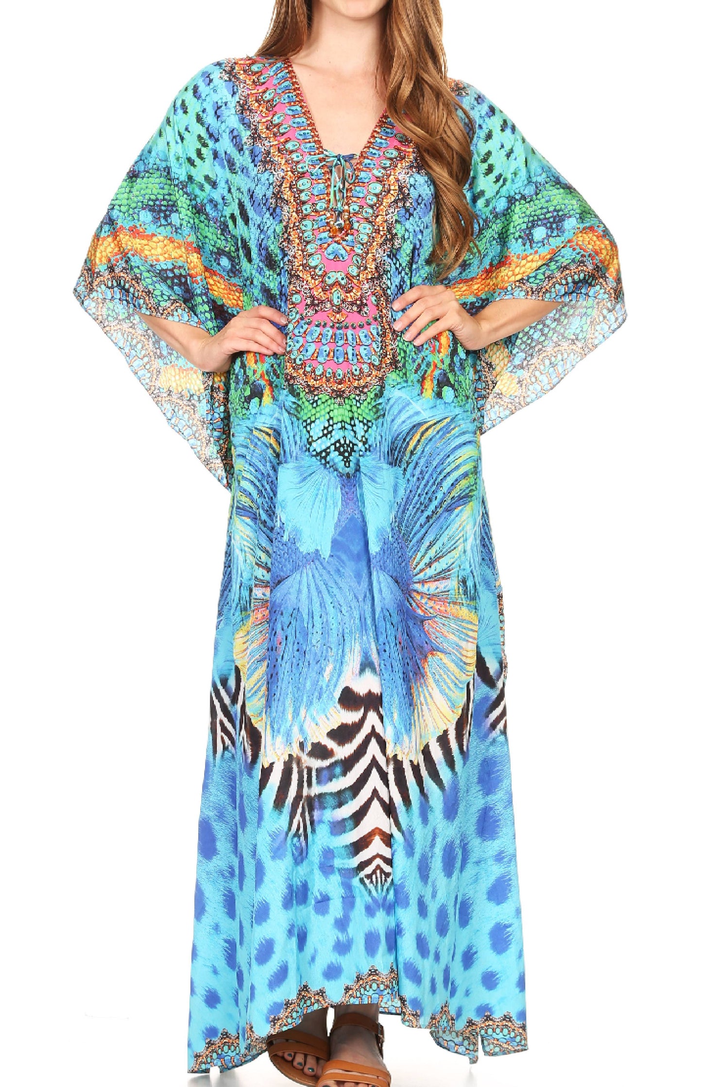 Sakkas Milanna Women's V neck Short Sleeve Vibrant Print Caftan Dress Cover-up