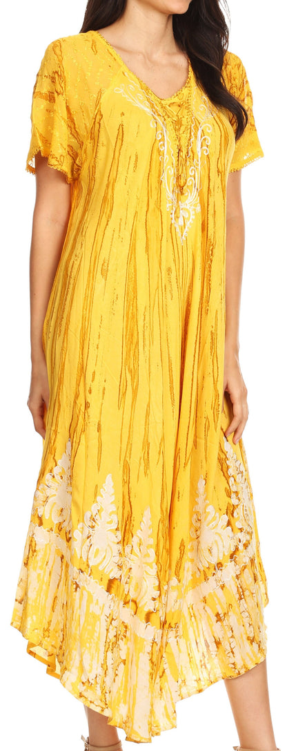 Sakkas Devora Women's Maxi NightGown Caftan Kaftan Dress Tie Dye Batik & Corset