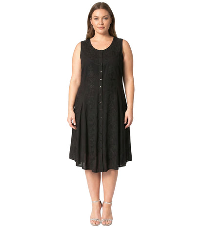 Sakkas Maya Midi Floral Embroidered Sleeveless Button Up Rayon Dress