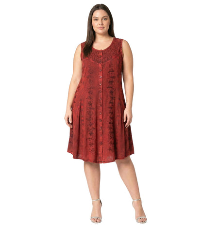 Sakkas Maya Midi Floral Embroidered Sleeveless Button Up Rayon Dress