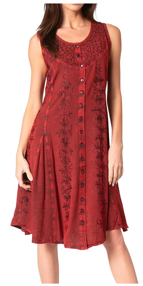Sakkas Maya Midi Floral Embroidered Sleeveless Button Up Rayon Dress