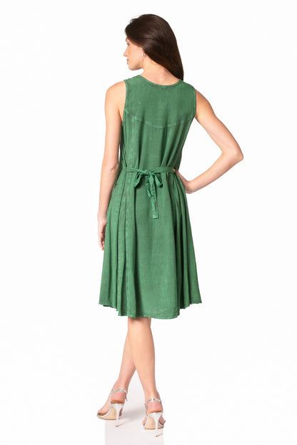 Sakkas Maya Midi Floral Embroidered Sleeveless Button Up Rayon Dress