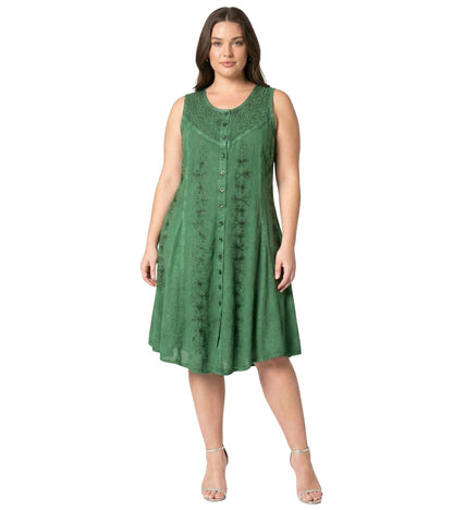 Sakkas Maya Midi Floral Embroidered Sleeveless Button Up Rayon Dress