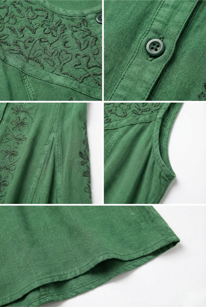 Sakkas Maya Midi Floral Embroidered Sleeveless Button Up Rayon Dress