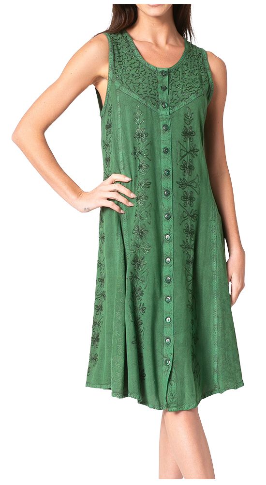 Sakkas Maya Midi Floral Embroidered Sleeveless Button Up Rayon Dress