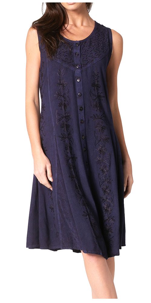 Sakkas Maya Midi Floral Embroidered Sleeveless Button Up Rayon Dress
