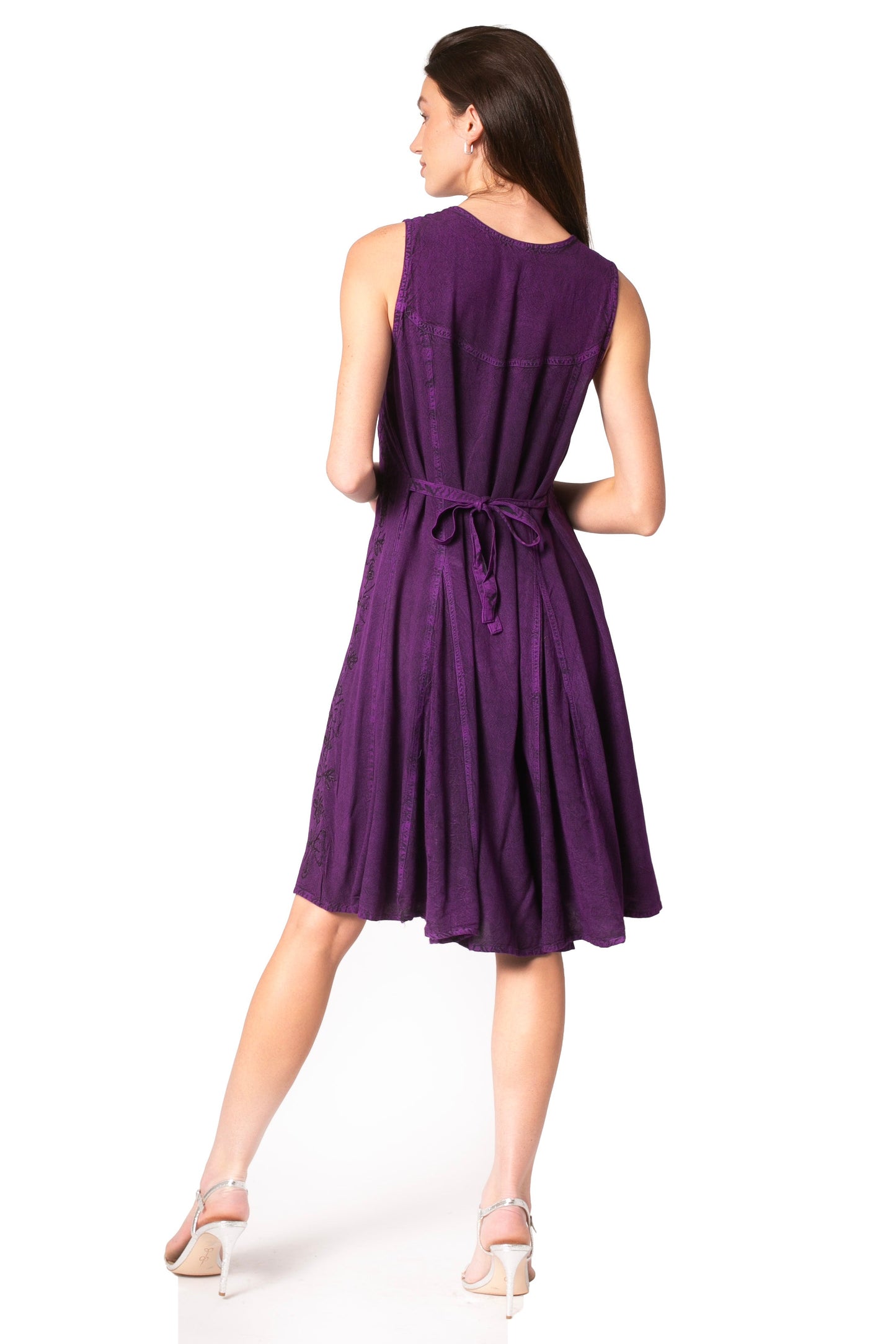 Sakkas Maya Midi Floral Embroidered Sleeveless Button Up Rayon Dress