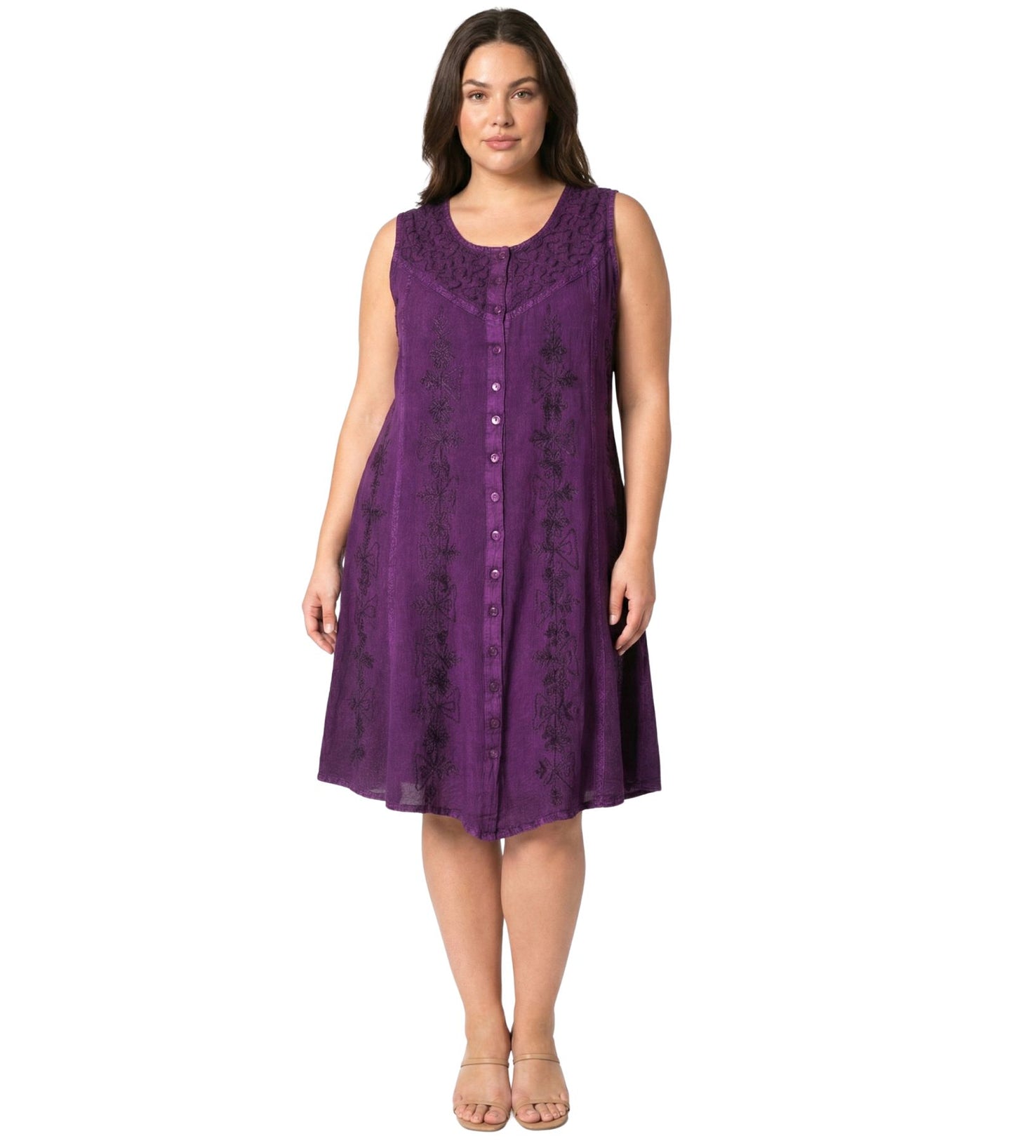 Sakkas Maya Midi Floral Embroidered Sleeveless Button Up Rayon Dress