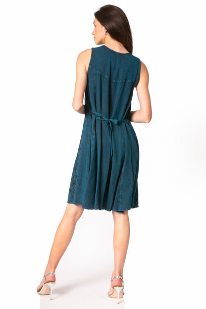 Sakkas Maya Midi Floral Embroidered Sleeveless Button Up Rayon Dress