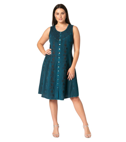 Sakkas Maya Midi Floral Embroidered Sleeveless Button Up Rayon Dress