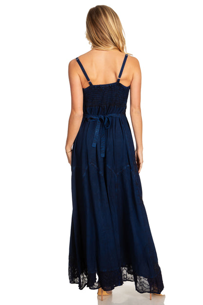 MKY Amy Stonewashed Rayon Embroidered Adjustable Spaghetti Straps Long Dress